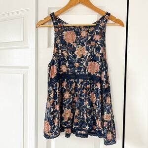 American Eagle Navy Floral Lace Trim Sleeveless Babydoll Top Size S
